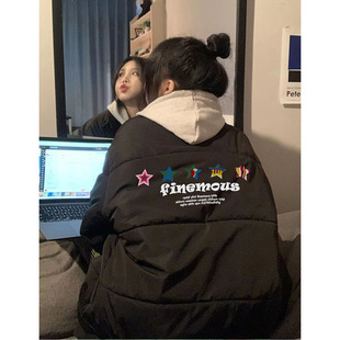 港风黑色羽绒棉服外套女冬季2023新款加厚保暖面包服宽松学生棉袄