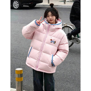 初中生可爱减龄粉色90白鸭绒羽绒服女冬季设计感拼接刺绣连帽外套