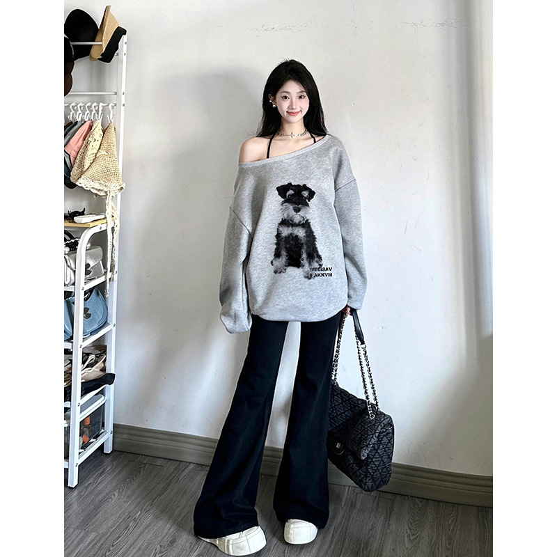 美式复古高级感灰色露肩卫衣女