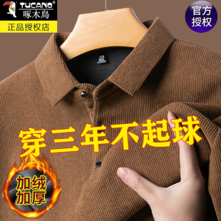 加绒翻领休闲宽松打底衫 新款 加厚上衣 欧棉绒t恤秋冬季 啄木鸟男士