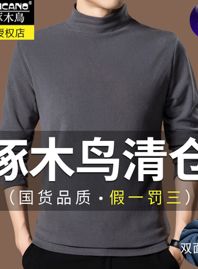 啄木鸟德绒长袖t恤男士双面绒打底衫春秋半高领磨毛百搭秋装上衣
