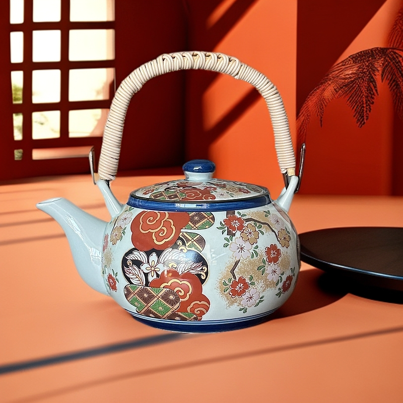 日本进口 有田烧无铅陶瓷茶具茶壶彩色贴花提梁泡茶壶日式宫廷风