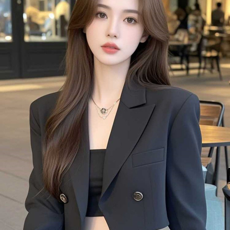 秋季新款御姐风黑色翻领长袖西装外套女高级感修身显瘦短款小西服