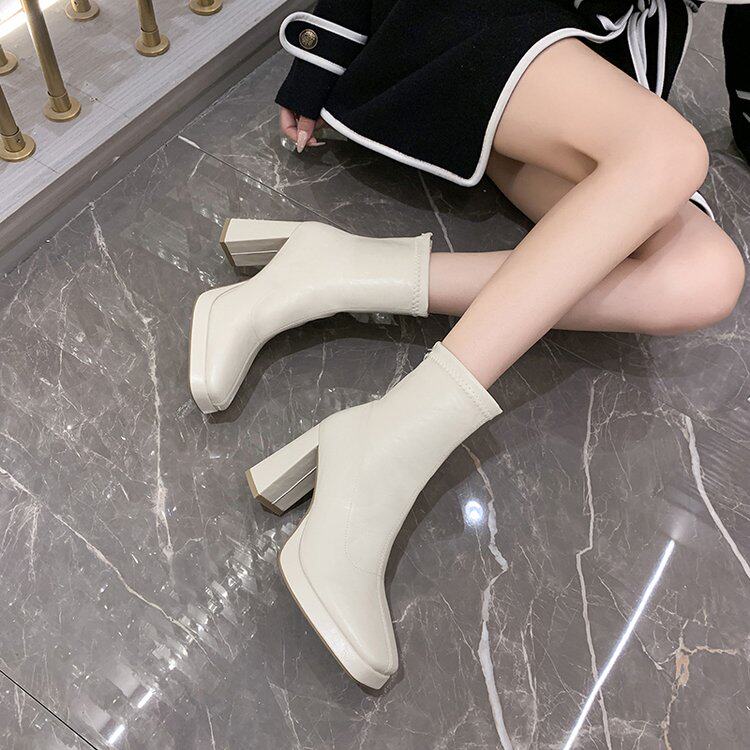 2026冬季新款女鞋方头超高跟(大于8cm)后拉链PU短筒粗