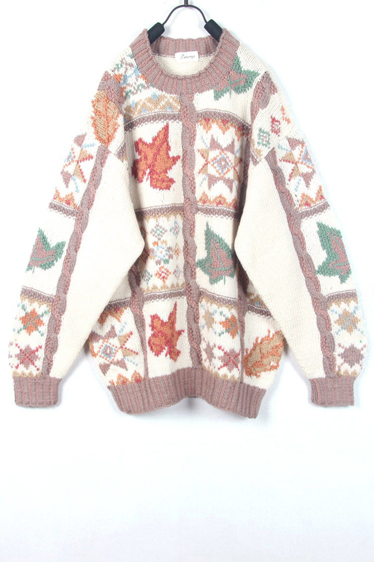 vintage格子麻花套头手工毛衣