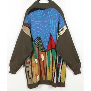 秋冬装孤品复古古着vintage 乡村橄榄绿拼色绘画描线屋子手工毛衣