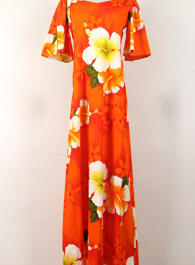春夏装孤品复古古着vintage橙色喇叭袖木槿花超长款连衣裙