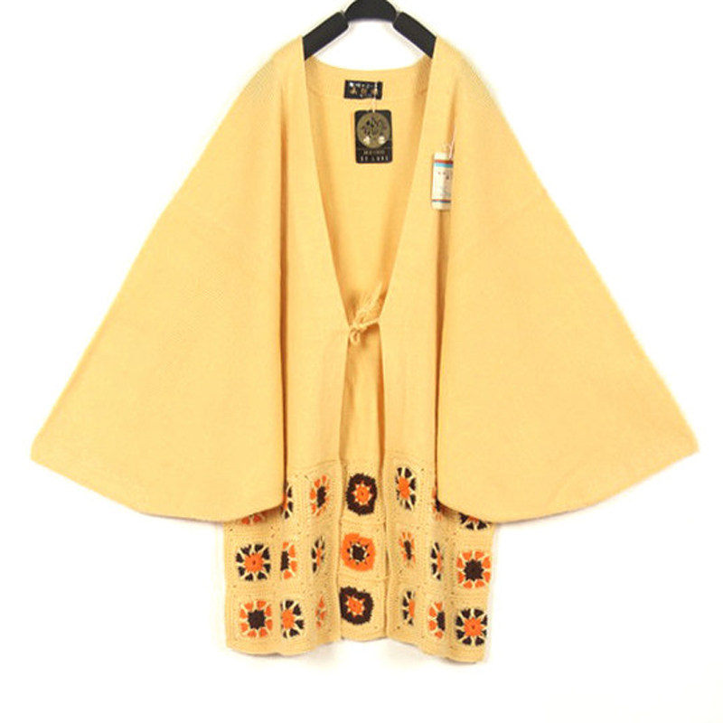 秋冬孤品复古古着vintage芝士黄色江户和风羊毛手工钩花和服毛衣