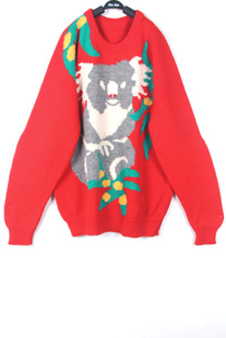 秋冬装孤品复古古着vintage红色树熊考拉套头落肩袖宽松手工毛衣