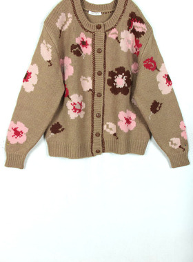 秋冬孤品复古日本中古着vintage奶茶玫瑰novara手工棒针开衫毛衣