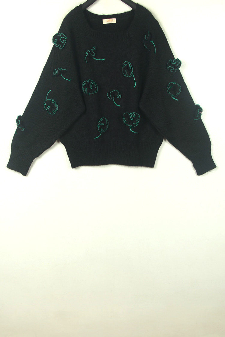 vintage立体花朵刺绣手工毛衣