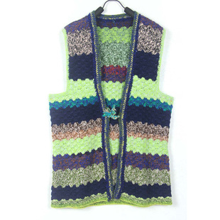 秋冬孤品复古着vintage和风冷色系荧光绿手工编织背心马甲毛衣