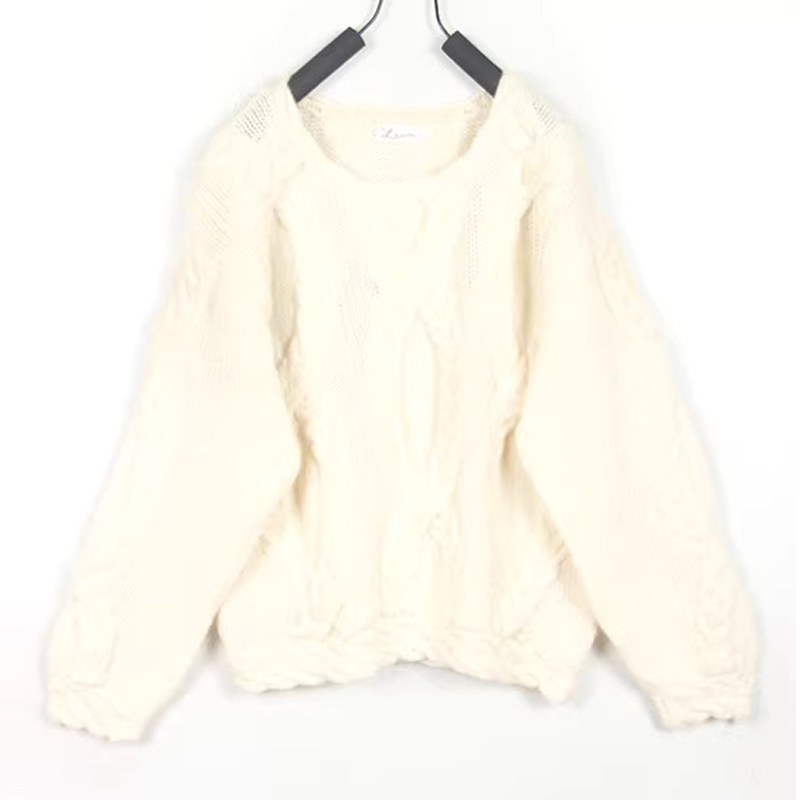 秋冬装孤品复古古着vintage日本米白色大卷麻花手工钩织套头毛衣