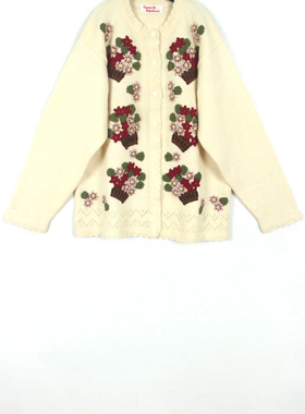 【宅】秋冬装孤品复古古着vintage纯白色立体花篮手工毛衣