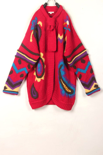 秋冬装孤品复古古着vintage红色花朵叶子立体单扣手工毛衣外套