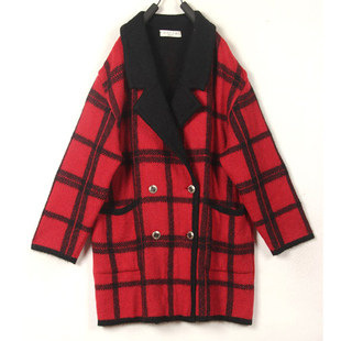 秋冬装孤品复古古着vintage红黑格子西装领马海毛双排扣毛衣外套
