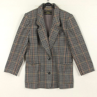 秋冬装孤品复古古着vintage书卷气灰色英伦格子小西装外套