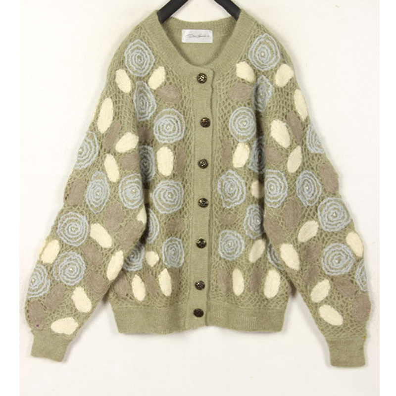 秋冬装孤品复古古着vintage日本制抹茶灰绿圈圈马海毛手工毛衣