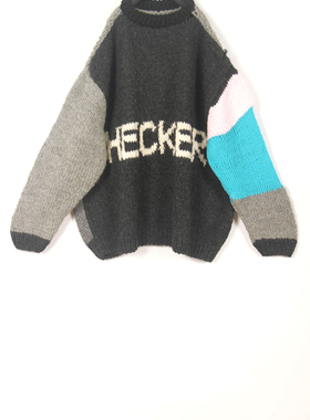 秋冬装孤品复古古着vintage国际跳棋CHECKERS宽松款手工编织毛衣