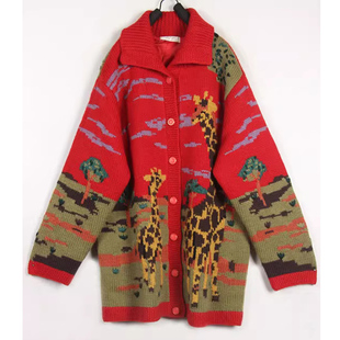 秋冬装孤品复古古着vintage日本大红色长颈鹿手工钩织毛衣外套