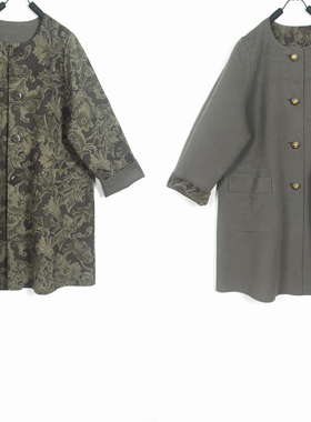 秋冬装孤品复古着vintage灰绿色洛可可印花手工制两面穿毛呢大衣
