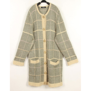 秋冬装孤品复古古着vintage日本豆绿钻石金扣金丝格子毛衣外套