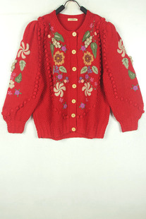 秋冬装孤品复古古着vintage日本正红色立体手工刺绣花泡泡袖毛衣