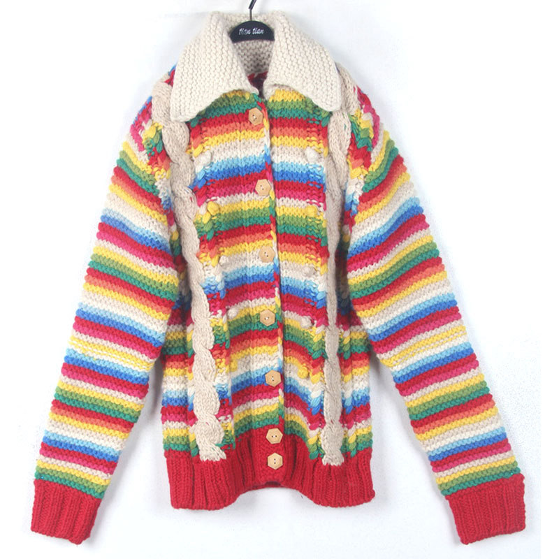 秋冬装孤品复古古着vintage缤纷糖果色条纹立体麻花粗针手工毛衣