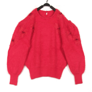 复古古着vintage大红色手工钉珠刺绣安哥拉兔毛泡泡袖衣手工毛衣