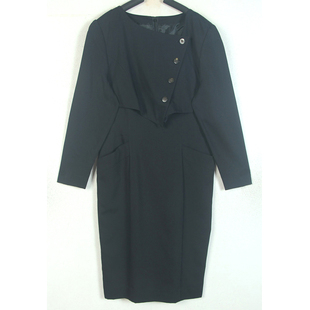 秋冬装孤品复古日本中古着vintage黑色假两件高腰毛呢修身连衣裙