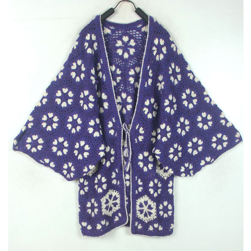 秋冬孤品复古着vintage日本精美宝蓝拼色江户风手工钩花和服毛衣
