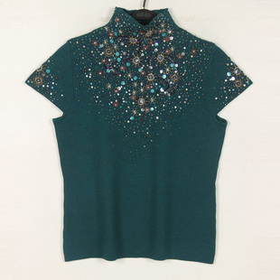秋冬装孤品复古古着vintage日本孔雀绿色手工钉珠小高领短袖毛衣