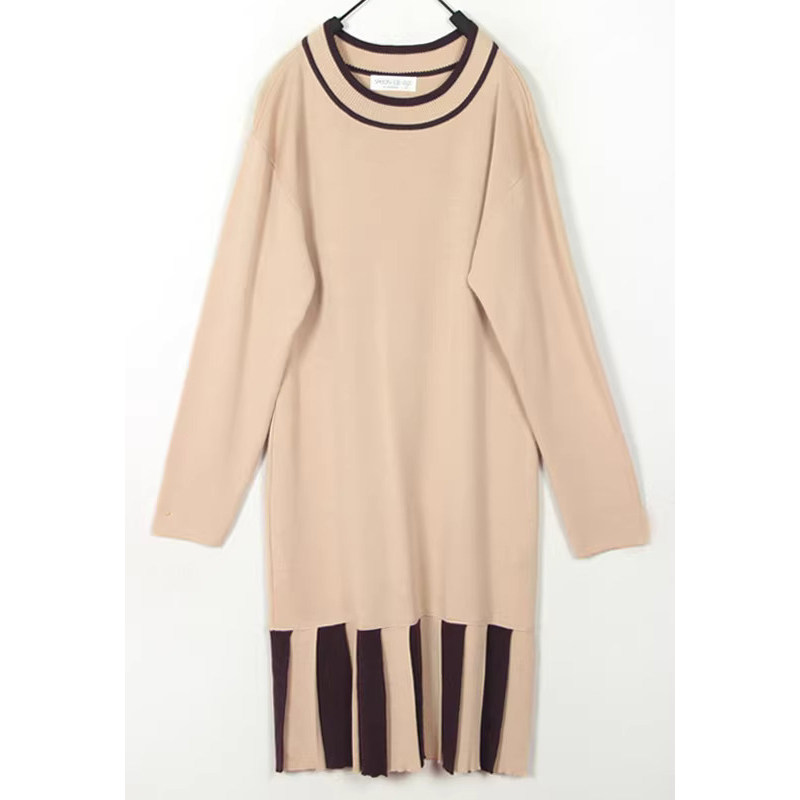 秋冬装孤品复古古着vintage日本杏色简约百褶下摆踏肩长袖连衣裙