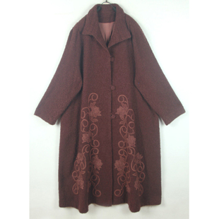 秋冬装孤品复古古着vintage绛色粗花呢圈圈毛提花长款毛呢大衣