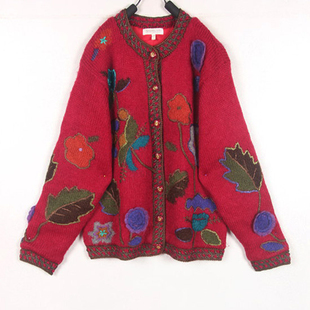 秋冬孤品复古古着vintage深红色马海毛闪丝手工刺绣开衫毛衣外套