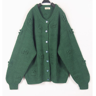 秋冬装孤品复古古着vintage日本墨绿色格子立体花篮花朵手工毛衣