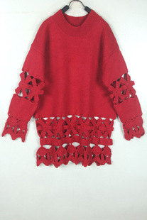 秋冬装孤品复古古着vintage樱桃红镂空钩花小高领手工毛衣连衣裙