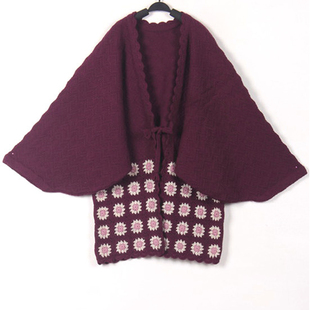 秋冬装孤品复古古着vintage江户和风深紫色钩花手工羽织和服毛衣