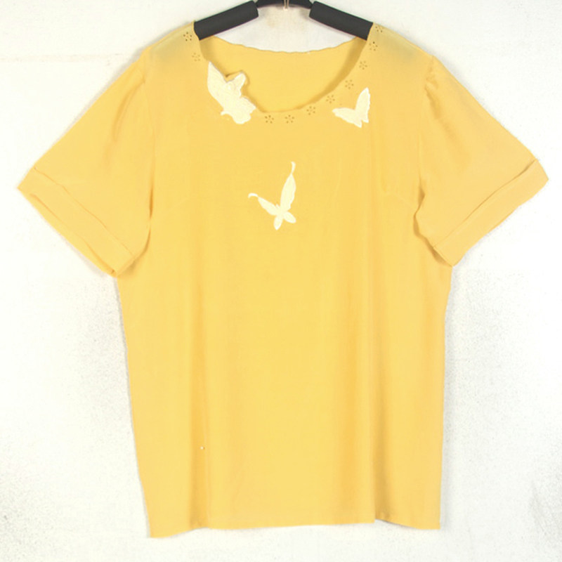春夏装孤品复古古着vintage芝士黄手工刺绣三只蝴蝶短袖真丝衬衫