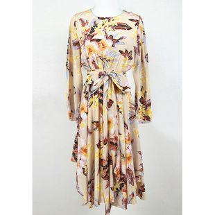 春夏装孤品复古古着vintage美国杏黄色扶桑花印花真丝长袖连衣裙