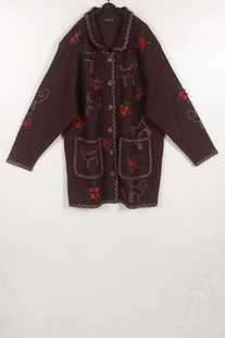 秋冬装孤品复古古着vintage绛色贵宾犬花朵手工毛衣外套