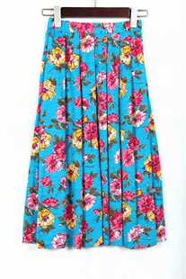 春秋装孤品复古日本中古着vintage碧天桃花印花薄毛呢过膝半身裙