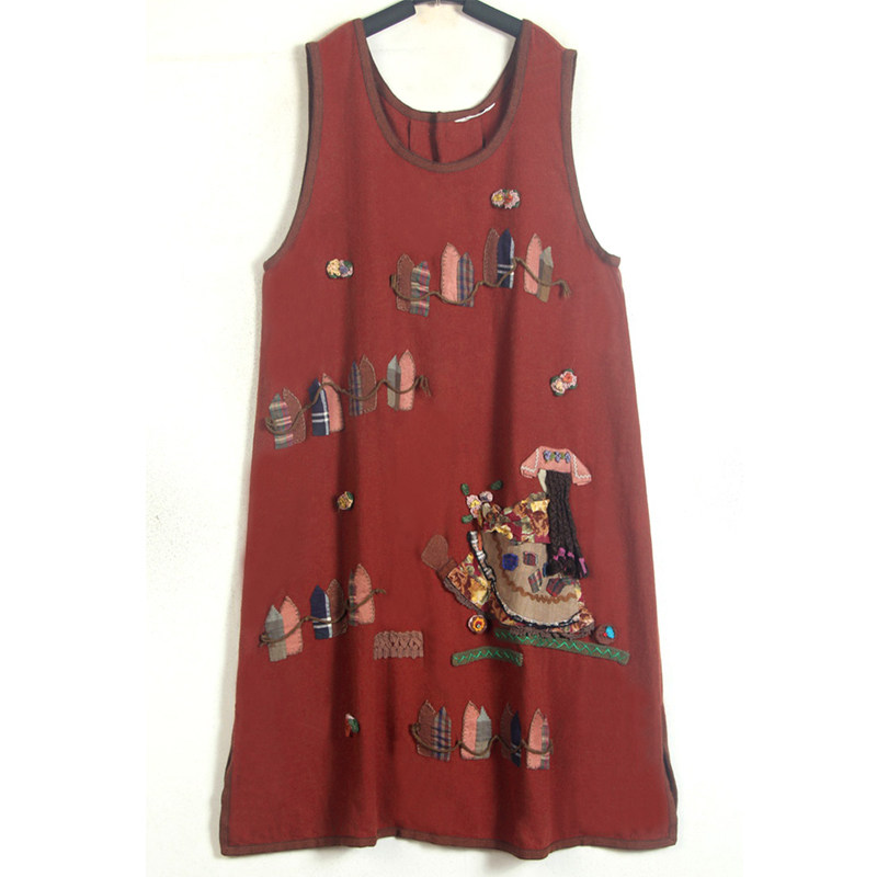 秋冬孤品复古着vintage日系童趣暖棕精美手工拼布人偶背心连衣裙