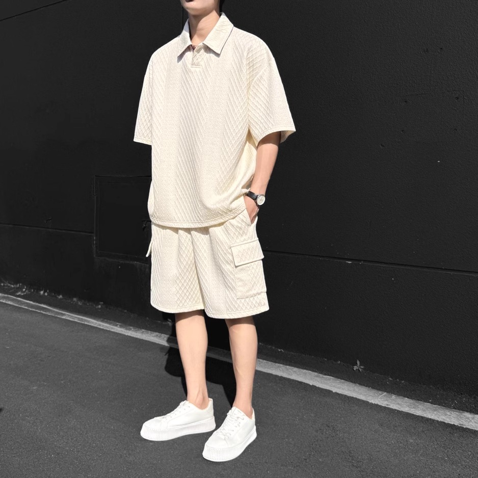 华夫格提花polo衫套装男浮雕肌理感短袖卫衣宽松五分短裤两件套潮