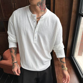 老钱风半开扣亨利衫 潮 松弛感针织打底衫 男褶皱肌理感宽松长袖 罩衫