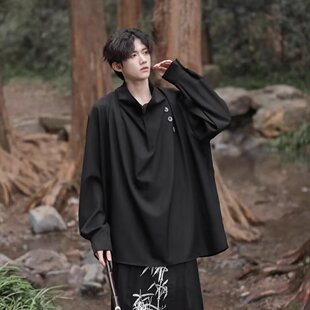 山本风立领衬衫无性别宽松暗黑系长袖不规则设计感堆领衬衣套装