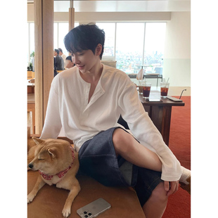 慵懒风华夫格亨利衫男半开扣宽松长袖t恤松弛肌理感门襟领卫衣潮