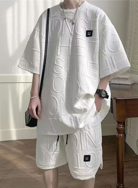 美式cityboy休闲运动套装男高级感华夫格短袖t恤提花五分裤两件套