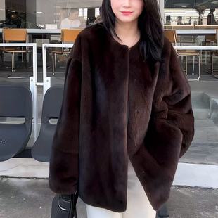 【沐媛】「波西米亚」小圆领进口短二水貂皮草短款宽松水貂皮草女