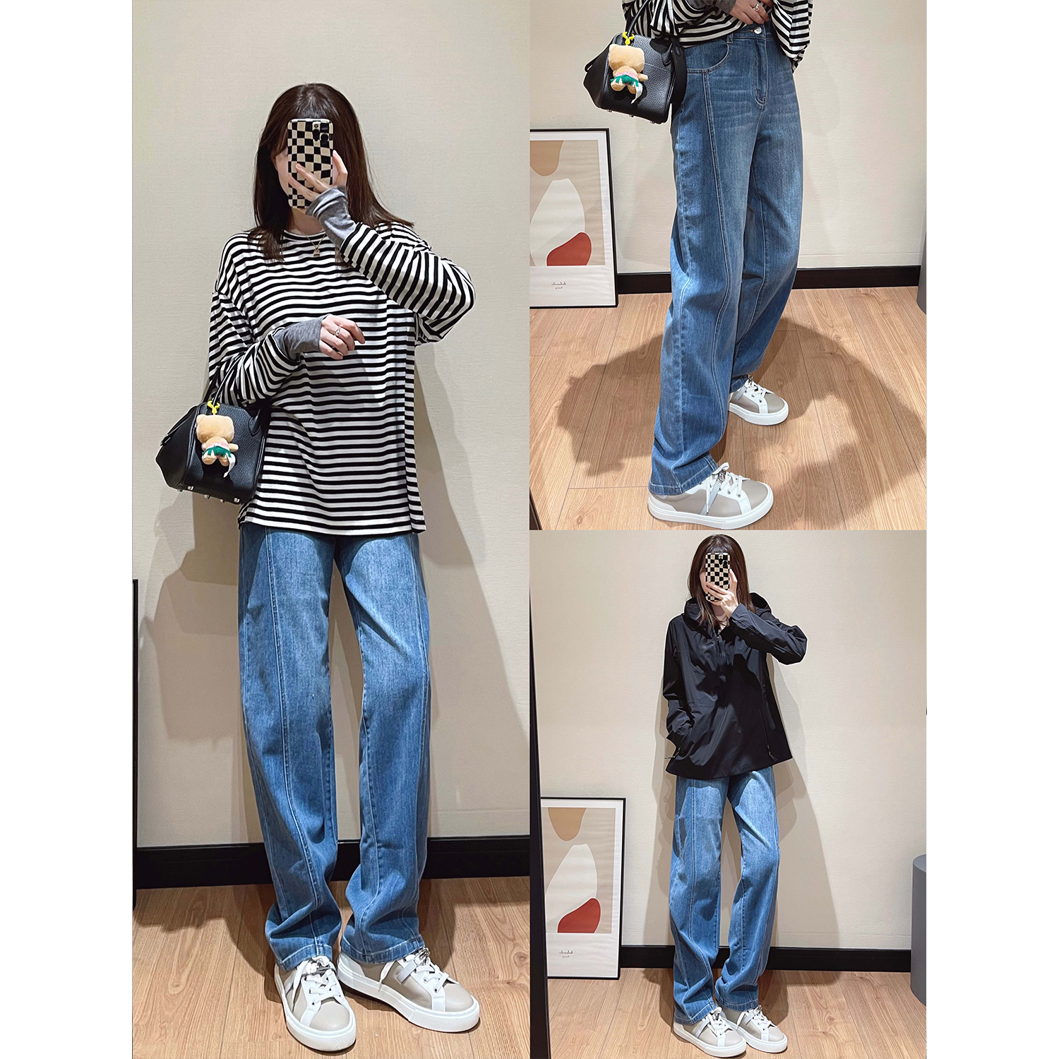 时髦香蕉裤型 显瘦显腿长切割线条宽松款牛仔裤休闲裤